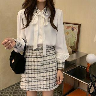 Lapel Knot Strap Bow Shirt / Color Block Plaid A-line Semi Skirt