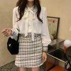 Lapel Knot Strap Bow Shirt / Color Block Plaid A-line Semi Skirt