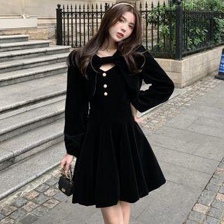 Set: Spaghetti-strap Velvet Mini A-line Dress + Shrug