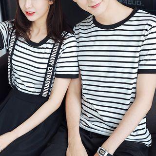 Couple Matching Striped Short Sleeve T-shirt / Lettering Strap Suspender Skirt / Shorts
