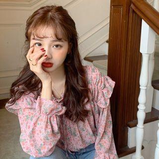 Floral Long-sleeve Loose-fit Top Pink - One Size