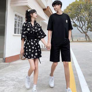 Couple Matching Short-sleeve T-shirt / Floral Mini A-line Dress / Plain Shorts