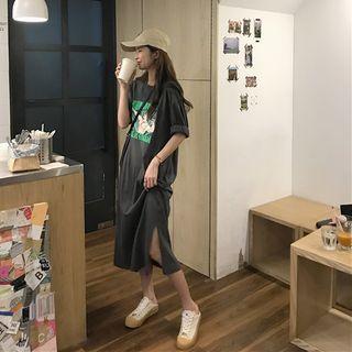 Elbow-sleeve Graphic Print T-shirt Dress Gray - One Size