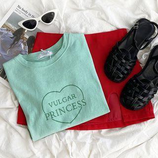 Short-sleeve Lettering T-shirt / High-waist Plain A-line Slit Mini Skirt