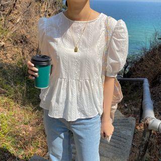 Embroidered Short-sleeve Tie-back Blouse