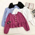 Plain Square-neck Single-breasted Ruffled-trim Long-sleeve Blouse