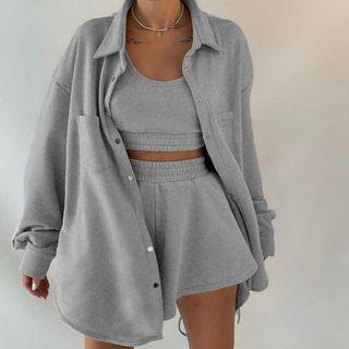Set: Oversized Jacket + Crop Tank Top + Wide-leg Shorts
