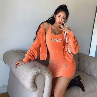 Set: Butterfly-printed Corduroy Hoodie + Mini Bodycon Dress