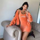 Set: Butterfly-printed Corduroy Hoodie + Mini Bodycon Dress