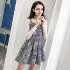 Inset Lace Top Sleeveless Gingham A-line Dress