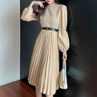 Puff-sleeve Pleated Midi A-line Dress