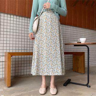 Flower Print Midi A-line Skirt Floral - Light Blue - One Size