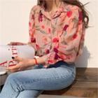 Puff-sleeve Floral Print Blouse Pink - One Size
