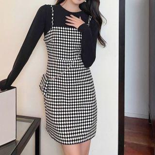 Set: Long-sleeve Plain T-shirt + Spaghetti Strap Mini Dress