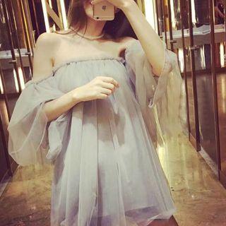 Off-shoulder Mesh-panel Party A-line Dress