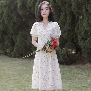 Puff-sleeve Collar Floral A-line Dress