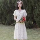 Puff-sleeve Collar Floral A-line Dress