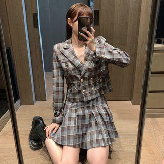 Set: Plaid Blazer + Pleated Mini A-line Skirt