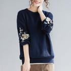 Flower Embroidered Sweater Dark Sapphire Blue - One Size