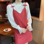 Long-sleeve Dotted Blouse / Mini A-line Pinafore Dress