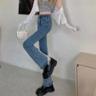 High-waist Flare Slit Lace-up Strap Jeans