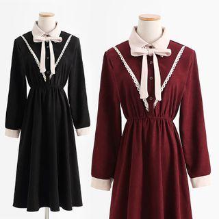 Long-sleeve Ribbon Corduroy Midi A-line Dress