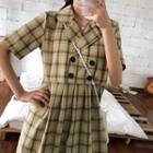 Short-sleeve Button Accent Plaid Dress Green - One Size