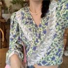 Long-sleeve V-neck Floral Print Lace Blouse As Figure - One Size