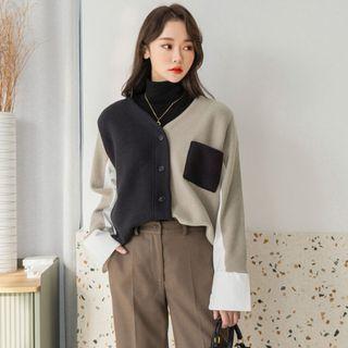 Plus Size Color-block Shirt-panel Cardigan