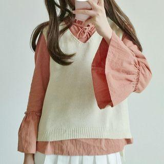 Tie-neck Ruffle Trim Blouse / V-neck Knit Vest