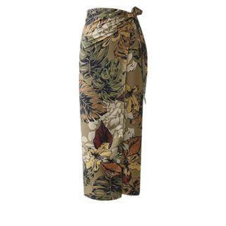 Fitted Tie-waist Leaf Print Midi Skirt