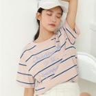 Elbow-sleeve Striped Color Block T-shirt