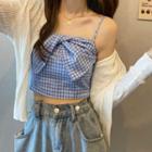 Bow Panel Plaid Camisole Top / Long-sleeve Plain Cut-out Knit Cardigan