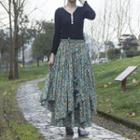 Asymmetric Floral Print Midi A-line Layered Skirt