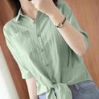 Short-sleeve V-neck Plain Loose Fit Shirt