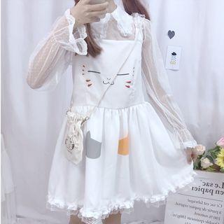 Mesh Panel Cat Print Long-sleeve A-line Dress