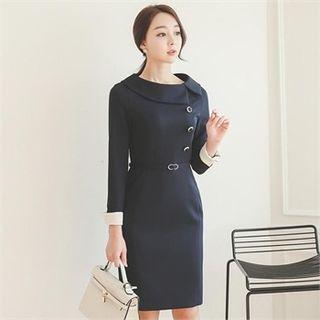Round-collar Button-trim Sheath Dress With Belt