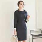 Round-collar Button-trim Sheath Dress With Belt