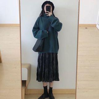 Set: Turtleneck Plain Sweater + Ruched Midi Skirt