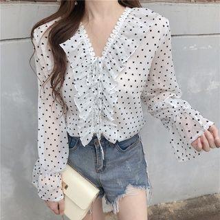 Long-sleeve Frill-trim Dotted Top As Shown In Figure - One Size