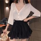 Set: V-neck 3/4-sleeve Knit Top + A-line Skirt Set - Top - White - One Size / A-line Skirt - Black - One Size