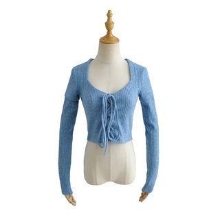 Set: Short-sleeve Lace-up Crop Top + Arm Sleeves