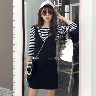 Set: Striped T-shirt + V-neck Pinafore Dress