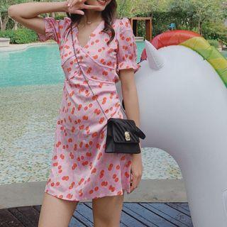 Short-sleeve Cherry Print Open-back Mini A-line Dress