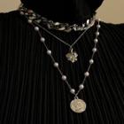 Alloy Coin Pendant Faux Pearl Layered Choker Necklace As Shown In Figure - One Size