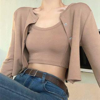 Long-sleeve Plain Cardigan / Cropped Top