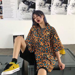 Leopard Print Elbow-sleeve Shirt As Shown In Figure - One Size