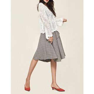 Band-waist Checked Flared Skirt