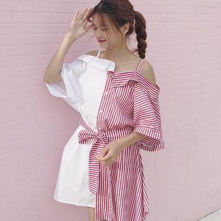 Panel Open Shoulder Short-sleeve Shirtdress