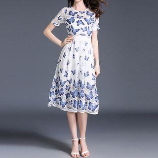 Butterfly Print Short-sleeve A-line Midi Dress